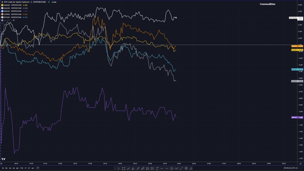 Most commodities are trading in the red apart from oil