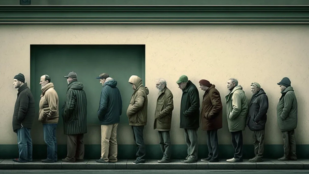 People lined up outside of a bank