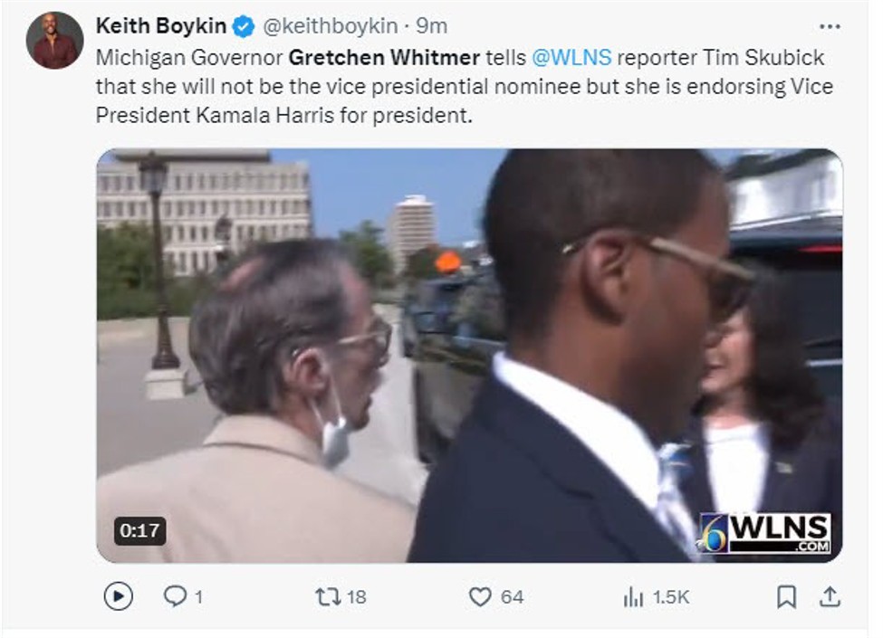 Michigan Governor Whitmer says she is not looking to be VP running mate for Harris