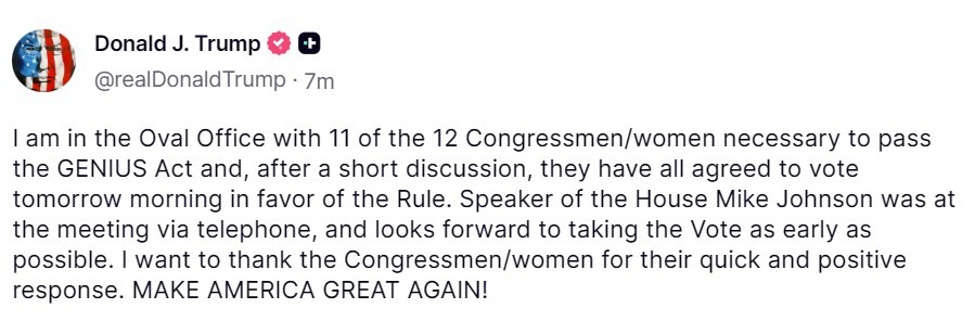 Trump says has secured the votes for passing GENIUS Act Trump says has secured the votes for passing GENIUS Act