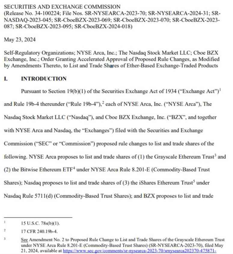 Extrait du communiqué de la SEC sur son verdict concernant les ETF Ethereum Spot