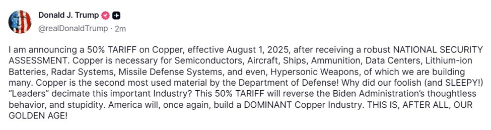 Trump announcing a 50% TARIFF on Copper, effective August 1, 2025
